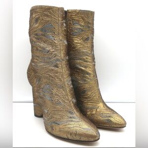 DRIES VAN NOTEN METALLIC BROCADE CURVED-HEEL ANKLE BOOTS GOLD SIZE 37